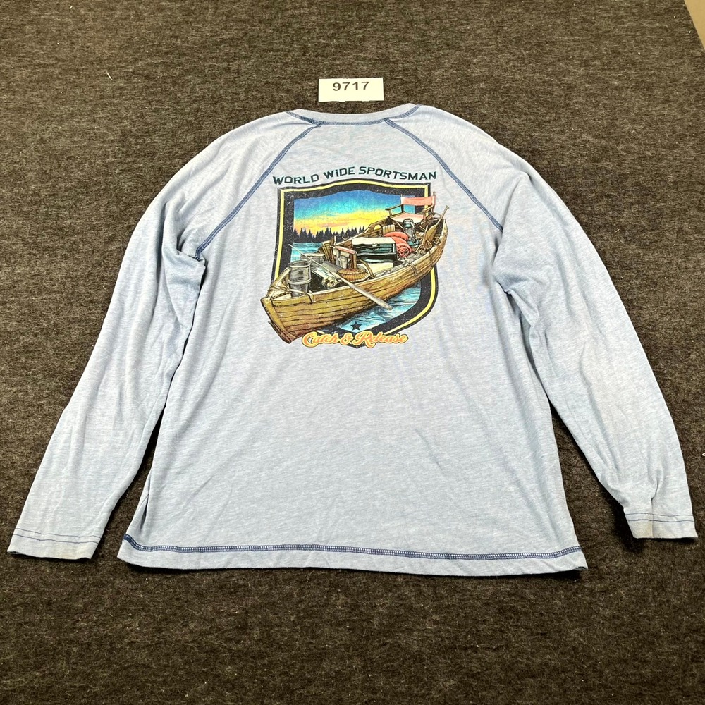 World Wide Sportsman‎ Fishing Shirt Mens Medium Blue Graphic Print Raglan Sleeve
